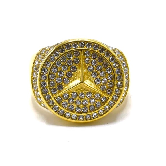 18K Gold Plated Over Stainless Steel Mercedes Benz Men Ring - Picture 1 of 4